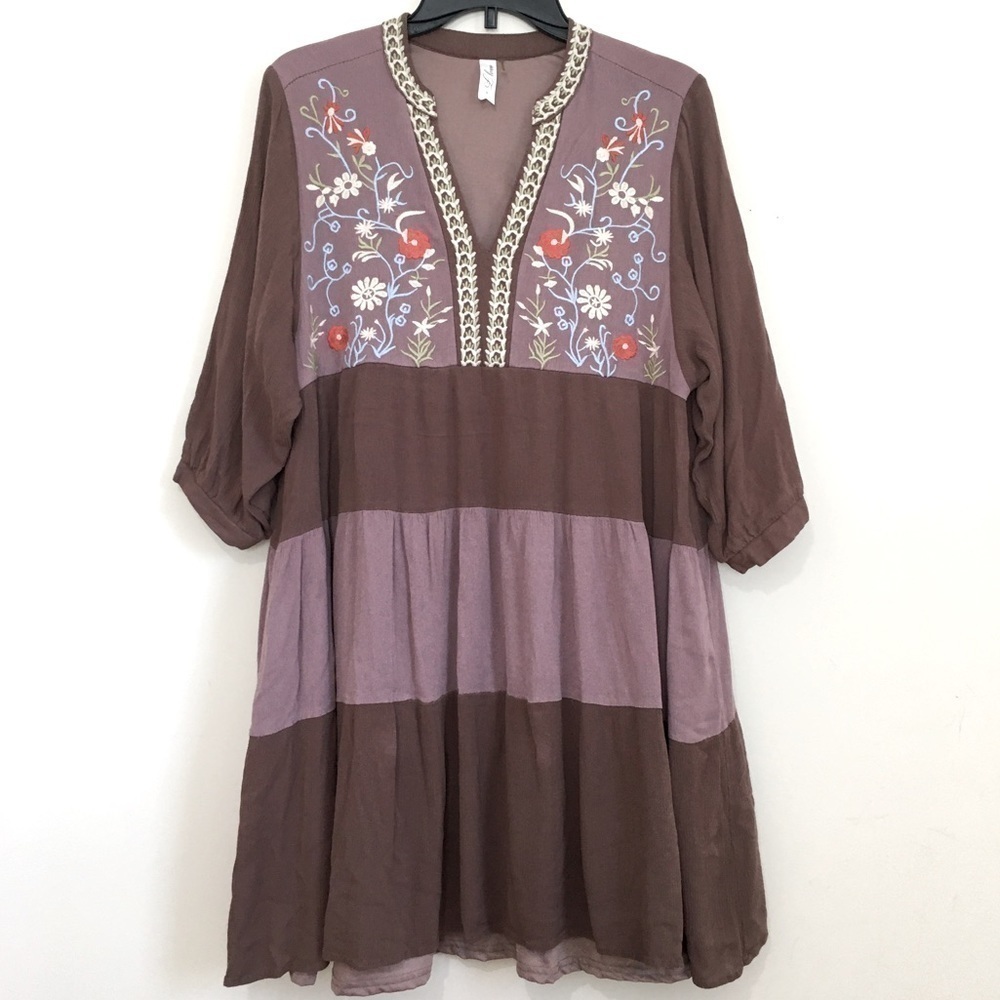 L Love Boho Floral embroidery tiered long sleeve V-neck pull over babydoll dress